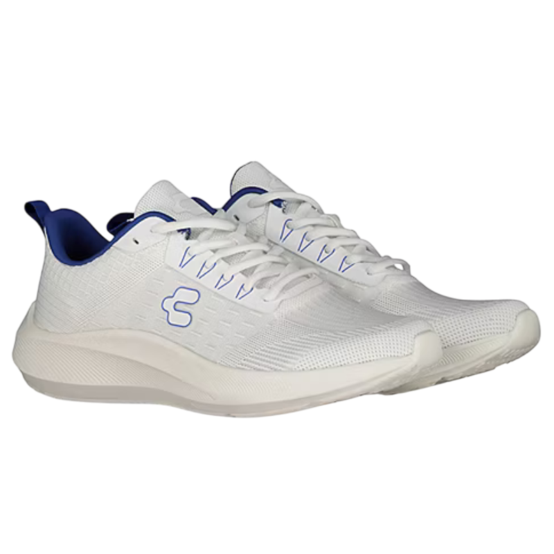 White athletic sneakers with blue accents and laces, featuring a logo on the side.