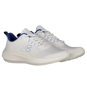 White athletic sneakers with blue accents and laces, featuring a logo on the side.