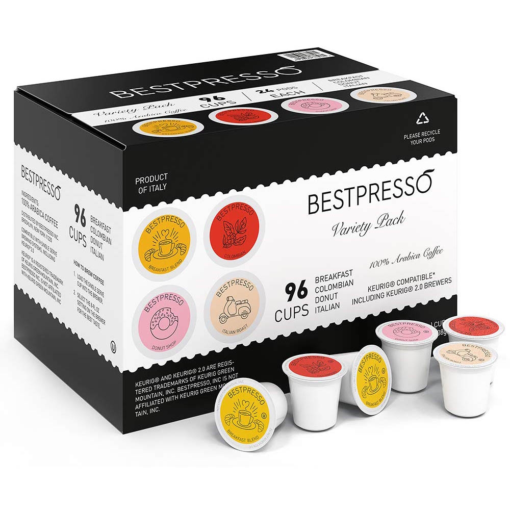 Bestpresso Variety Pack with 96 Keurig-compatible coffee pods, includes Breakfast, Colombian, Donut, and Italian blends, made from 100% Arabica coffee and produced in Italy.