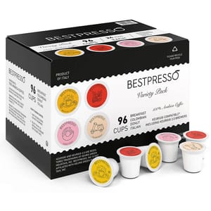 Bestpresso Variety Pack with 96 Keurig-compatible coffee pods, includes Breakfast, Colombian, Donut, and Italian blends, made from 100% Arabica coffee and produced in Italy.
