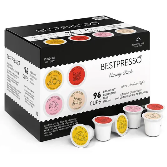 Bestpresso Variety Pack with 96 Keurig-compatible coffee pods, includes Breakfast, Colombian, Donut, and Italian blends, made from 100% Arabica coffee and produced in Italy.