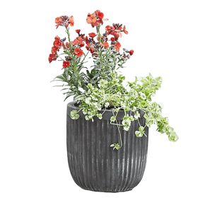 A black ribbed planter containing red-orange flowering plants and cascading greenery.