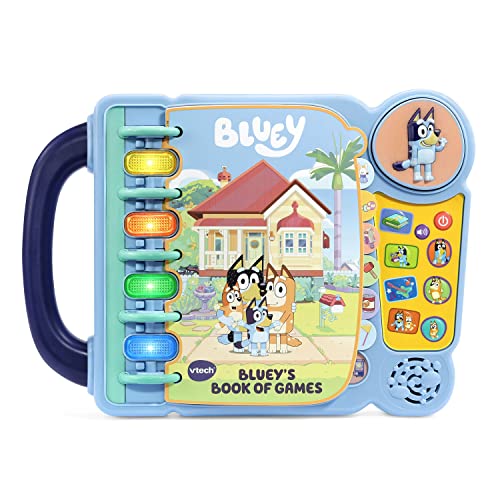 VTech Bluey's Book of Games is an interactive learning toy featuring lights, buttons, and characters from the Bluey series, designed for educational play.