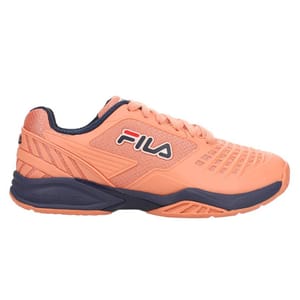 Fila tennis shoe in bright orange with navy blue sole and trim, featuring the Fila logo on the side and textured design for added style and grip.