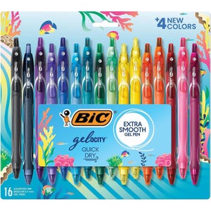 BIC Gel-ocity extra smooth gel pens, 16-count with assorted ink colors, 0.7mm medium point, featuring quick-dry ink and four new colors.
