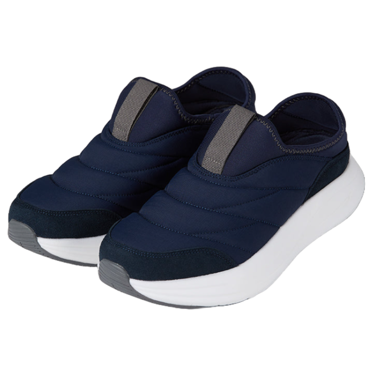 32 Degrees Puffer Sneakers feature a slip-on design with navy blue quilted uppers, contrast soles, and a pull tab for easy wear.