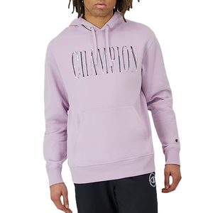 A lavender Champion hoodie with large text on the front, featuring a front pocket and drawstring hood. The person wearing it also has black pants with a subtle design.