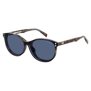 Levi's unisex sunglasses feature a round frame in a tortoiseshell pattern with dark lenses and are embellished with subtle metal accents on the temples.