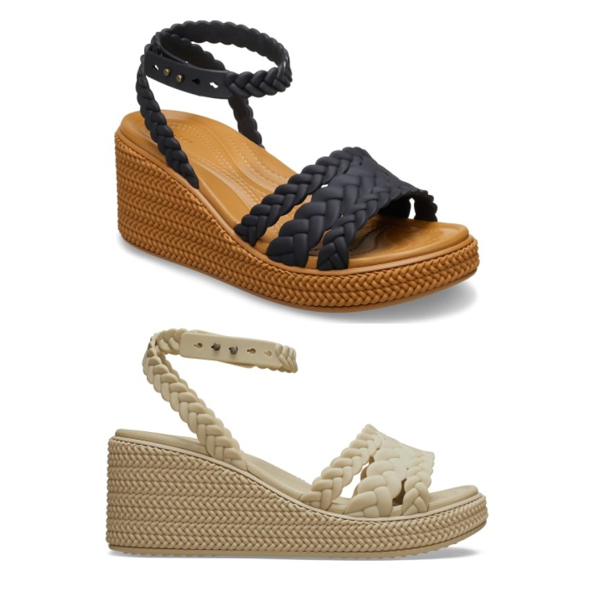Two pairs of wedge sandals with braided straps; the top pair in navy blue has a medium-height heel, and the bottom pair in cream features a high espadrille-style heel.