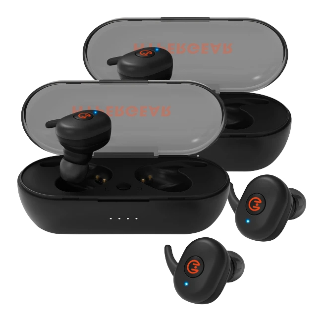 Two sets of black HyperGear wireless earbuds with charging cases. Each earbud features a power symbol logo and a small LED indicator light on the outer surface. The case lids are semi-transparent with the brand logo.