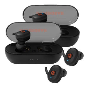 Two sets of black HyperGear wireless earbuds with charging cases. Each earbud features a power symbol logo and a small LED indicator light on the outer surface. The case lids are semi-transparent with the brand logo.