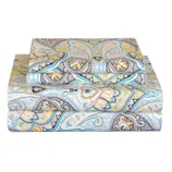 A set of bed sheets with an intricate paisley pattern in teal, yellow, and gray tones.
