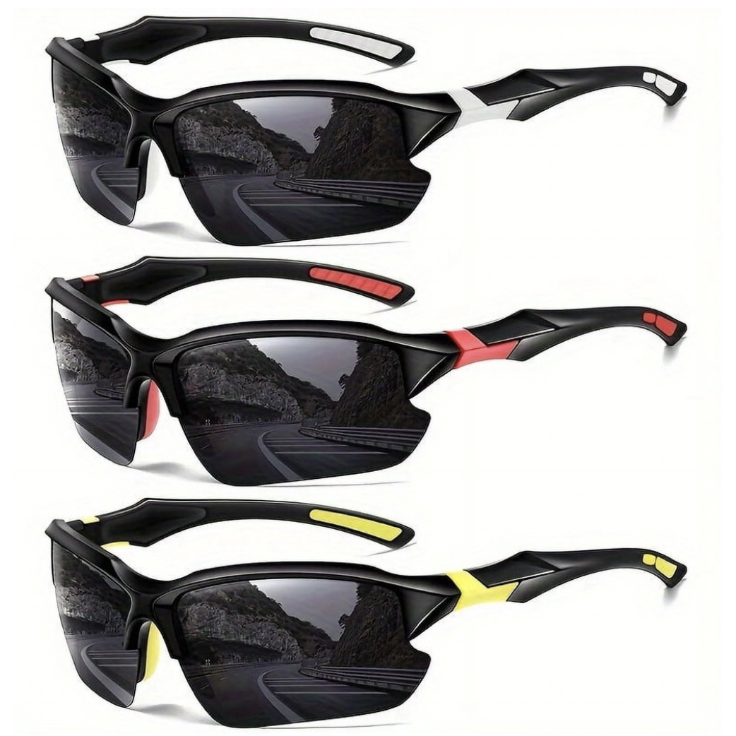 Three pairs of sporty sunglasses featuring black frames with colored accents: one with white, another with red, and the last with yellow detailing. They have wraparound lenses suited for outdoor activities.