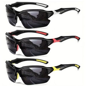Three pairs of sporty sunglasses featuring black frames with colored accents: one with white, another with red, and the last with yellow detailing. They have wraparound lenses suited for outdoor activities.