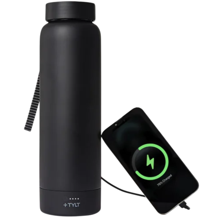 Black water bottle with a built-in power bank charging a smartphone, showing \“75% Charged\“ on the screen.