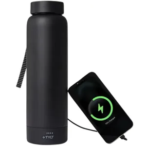 Black water bottle with a built-in power bank charging a smartphone, showing \“75% Charged\“ on the screen.