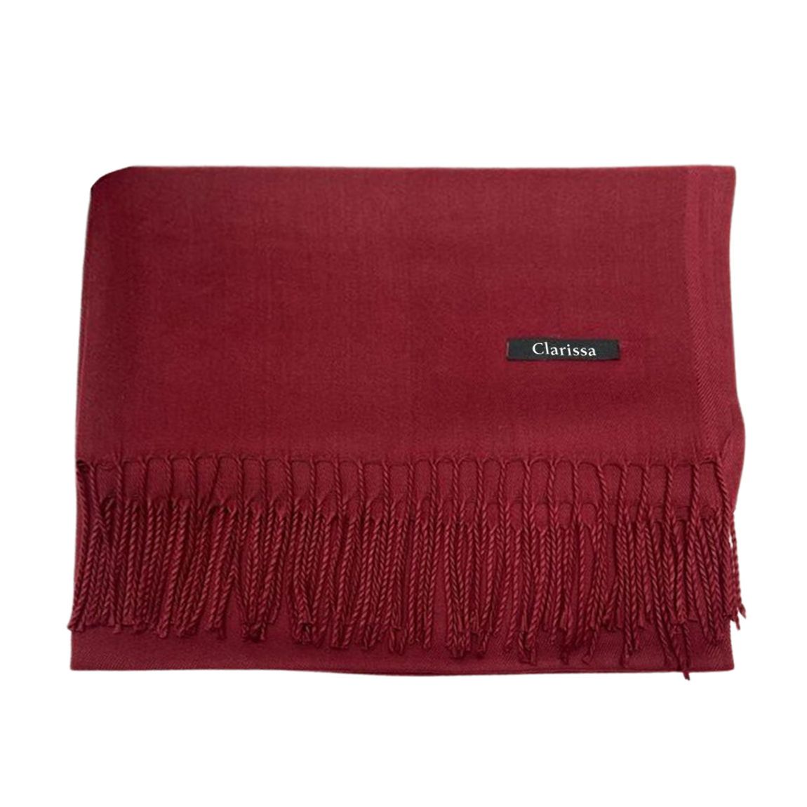 A deep red scarf with fringed edges and a small black label featuring the name \“Clarissa.\“