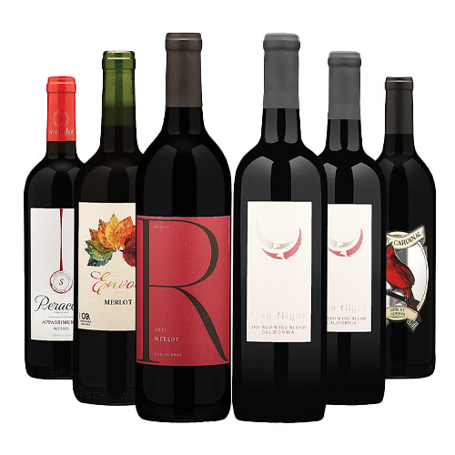 A selection of six bottles of red wine, featuring different labels and varieties such as Merlot and blends, displayed side by side.