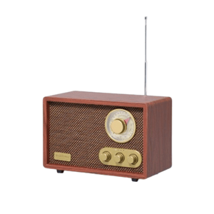 A vintage-style radio featuring a wooden exterior, mesh front, three gold control knobs, a gold tuning dial, and an extendable antenna.
