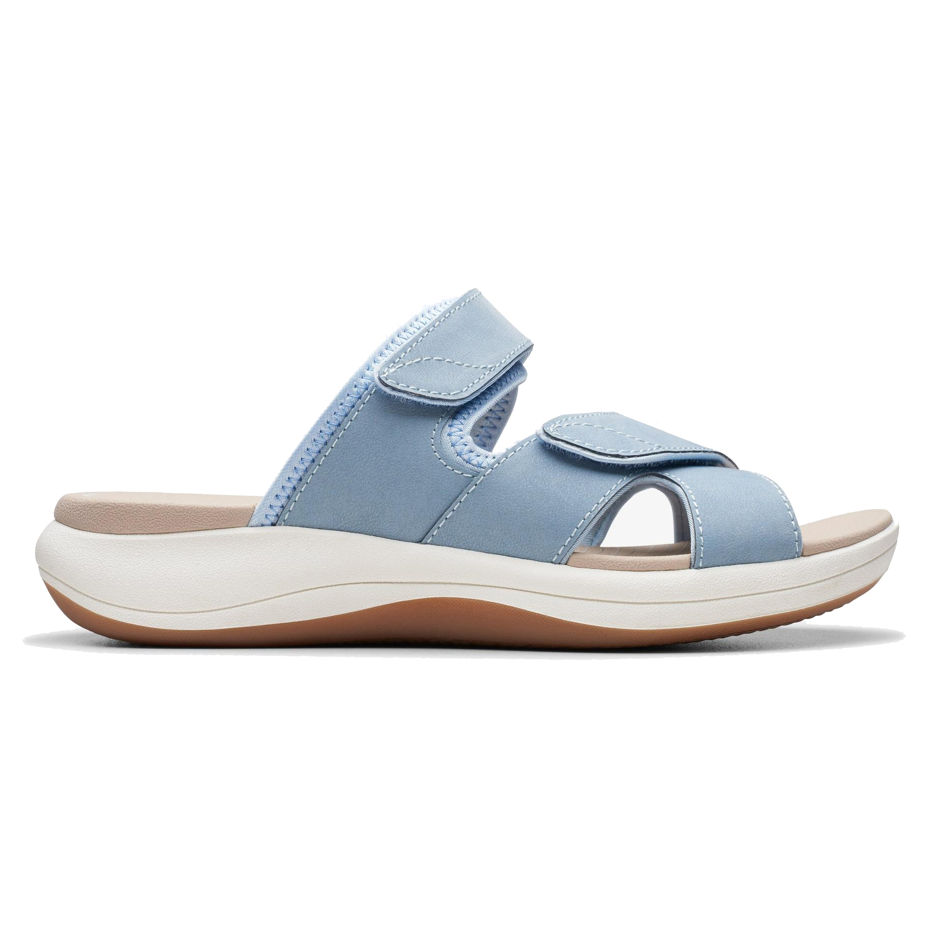 Light blue slide sandal with two adjustable straps, featuring a contoured sole for comfort and a white midsole with a tan outsole.