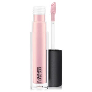 MAC Lipglass in a pale pink shade with a clear cylindrical tube and black cap, featuring a doe-foot applicator.
