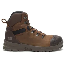 Brown waterproof leather work boot with a reinforced toe, sturdy laces, padded collar, and rugged sole. Brand \“CAT®\“ visible on the side.