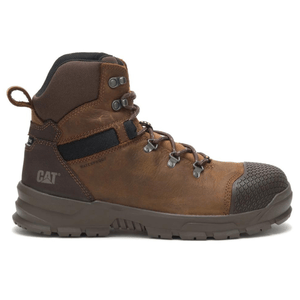 Brown waterproof leather work boot with a reinforced toe, sturdy laces, padded collar, and rugged sole. Brand \“CAT®\“ visible on the side.