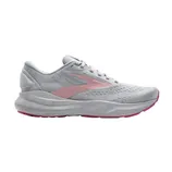 A grey and pink Brooks Adrenaline GTS running shoe with a cushioned sole and lace-up design.