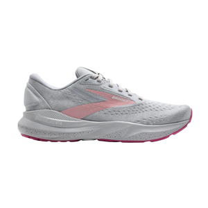 A grey and pink Brooks Adrenaline GTS running shoe with a cushioned sole and lace-up design.