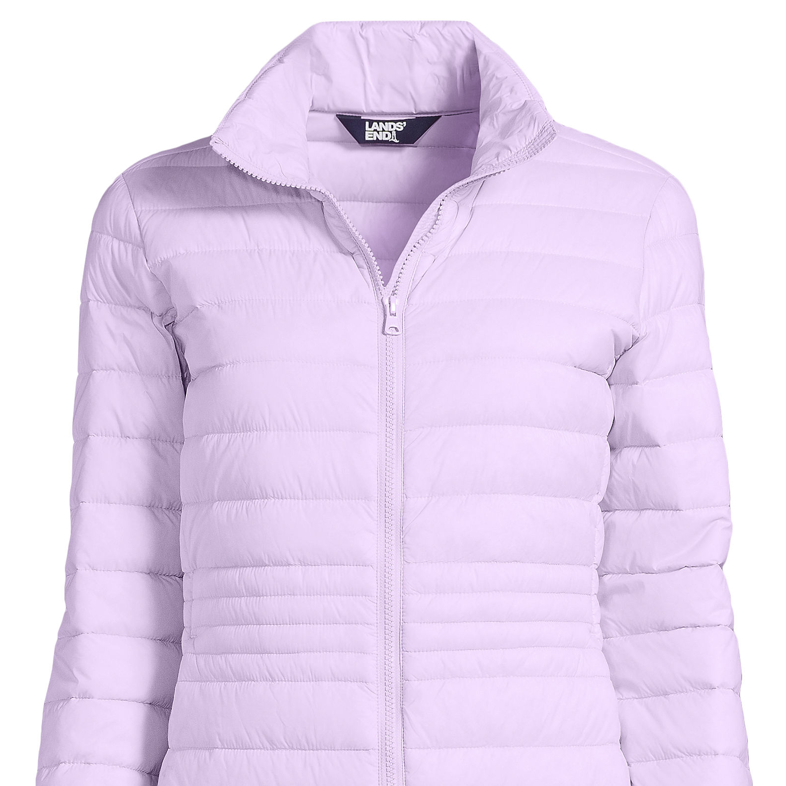 Lavender puffer jacket with a zip-up front and stand collar from Lands' End, featuring horizontal quilting for insulation.