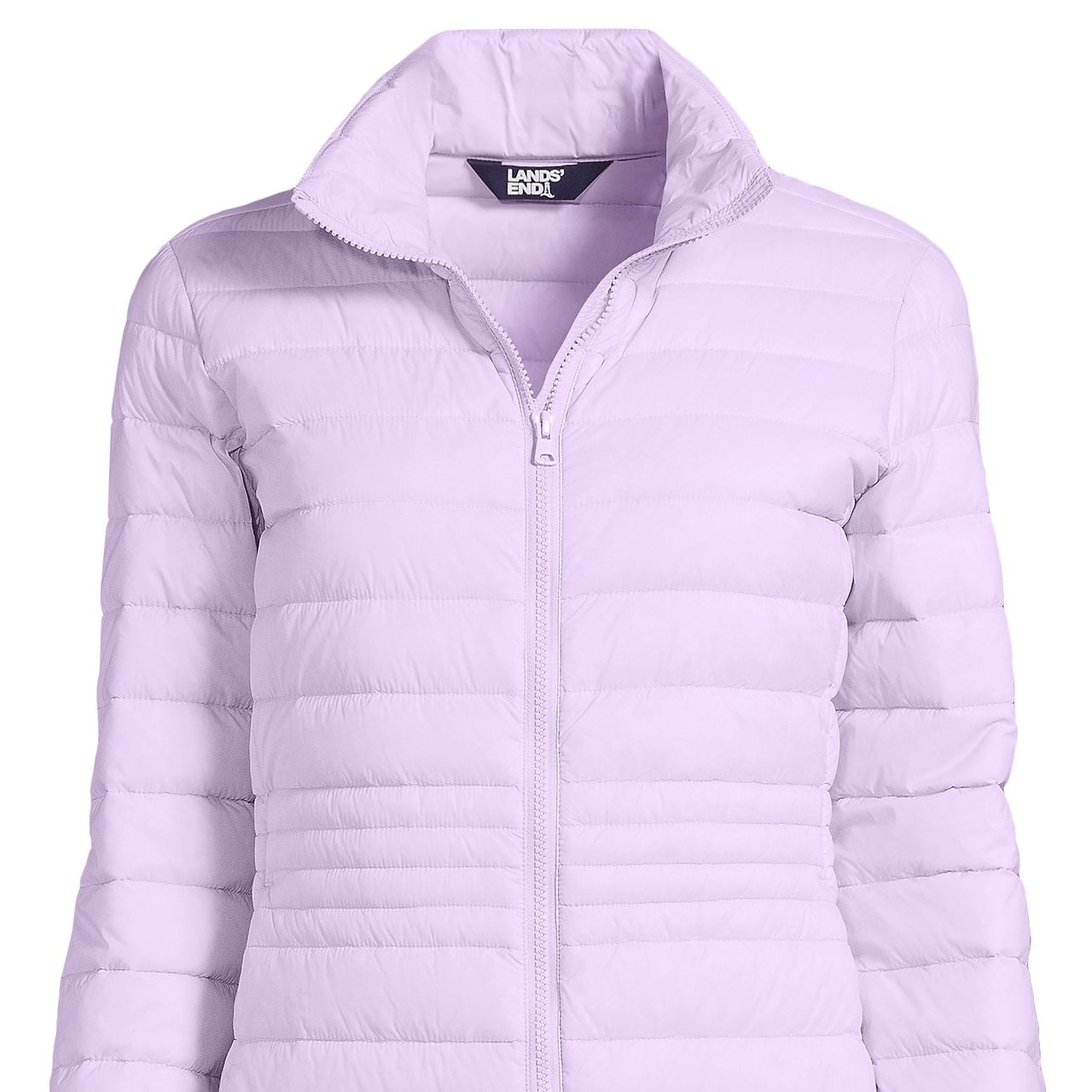 Lavender puffer jacket with a zip-up front and stand collar from Lands' End, featuring horizontal quilting for insulation.