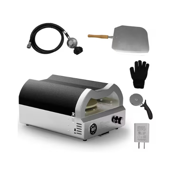 Outdoor pizza oven set with a gas hose, pizza peel, glove, pizza cutter, and power adapter.