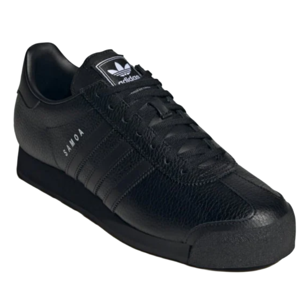 Adidas Samoa sneaker in black with a textured leather upper, featuring the iconic three stripes and a rubber toe bumper.