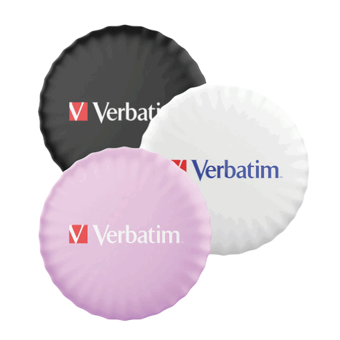 Three Verbatim-branded blank discs in black, white, and pink colors.