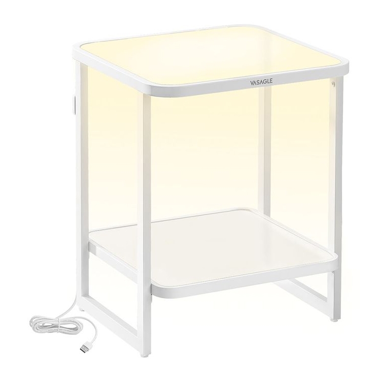 A white end table with a glass top and a lower shelf, featuring integrated LED lighting and a power cord for illumination.