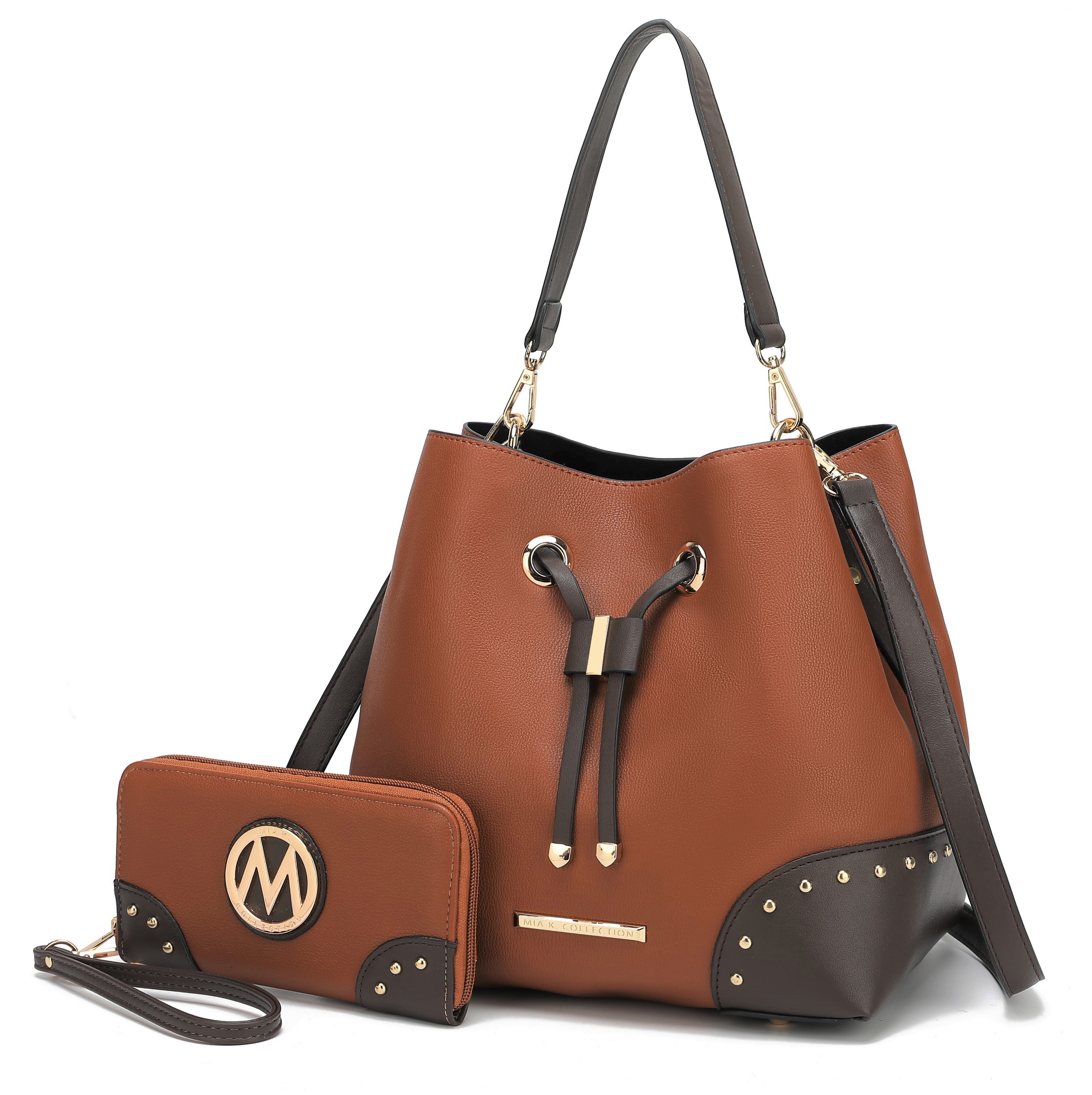 Brown and dark brown bucket bag with gold hardware and drawstring closure, accompanied by a matching wallet featuring a circular logo with an \“M\“.