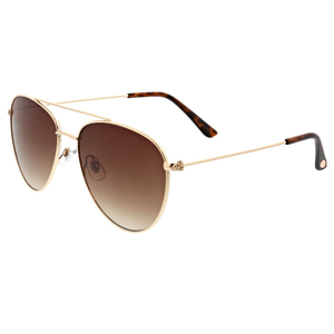 Aviator sunglasses with gold metal frames, gradient brown lenses, and tortoiseshell ear tips.