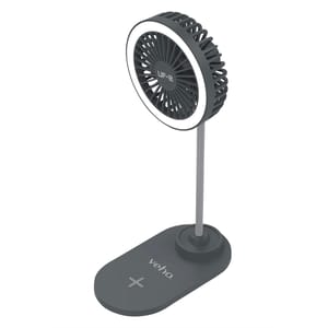 A sleek 3-in-1 device featuring a compact desktop fan with a ring light, integrated on a stand with a wireless charging pad at the base, marked with a company logo.