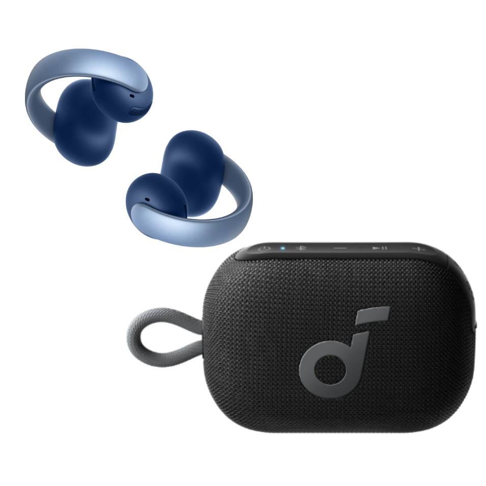 Wireless earbuds in blue and a compact black Bluetooth speaker with a logo and control buttons on top.