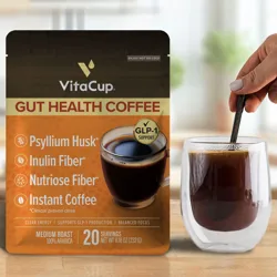 VitaCup Gut Health Coffee featuring psyllium husk, inulin fiber, nutriose fiber, and instant coffee, supports GLP-1 production with a medium roast, 100% Arabica blend. Comes in a pack with 20 servings (8.18 oz).