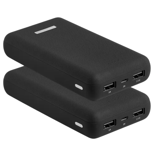 Two black rectangular power banks with textured surfaces, each featuring two USB ports (1A and 2.1A), a micro USB input, and a side button.