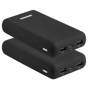 Two black rectangular power banks with textured surfaces, each featuring two USB ports (1A and 2.1A), a micro USB input, and a side button.