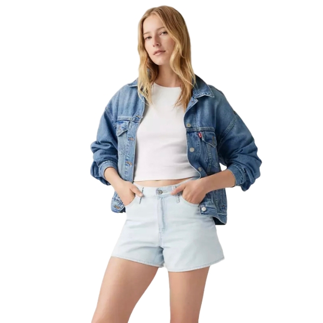 Light blue denim high-rise shorts with a relaxed fit and a slightly curved hem, featuring a classic Levi's design for a vintage-inspired look.