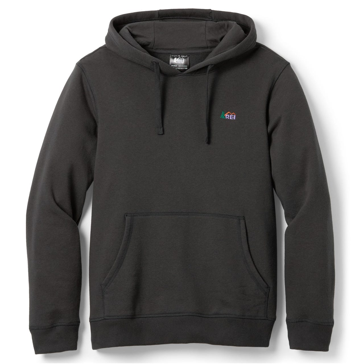 Dark gray hoodie with a front pocket and drawstring hood, featuring a small, colorful logo on the chest.