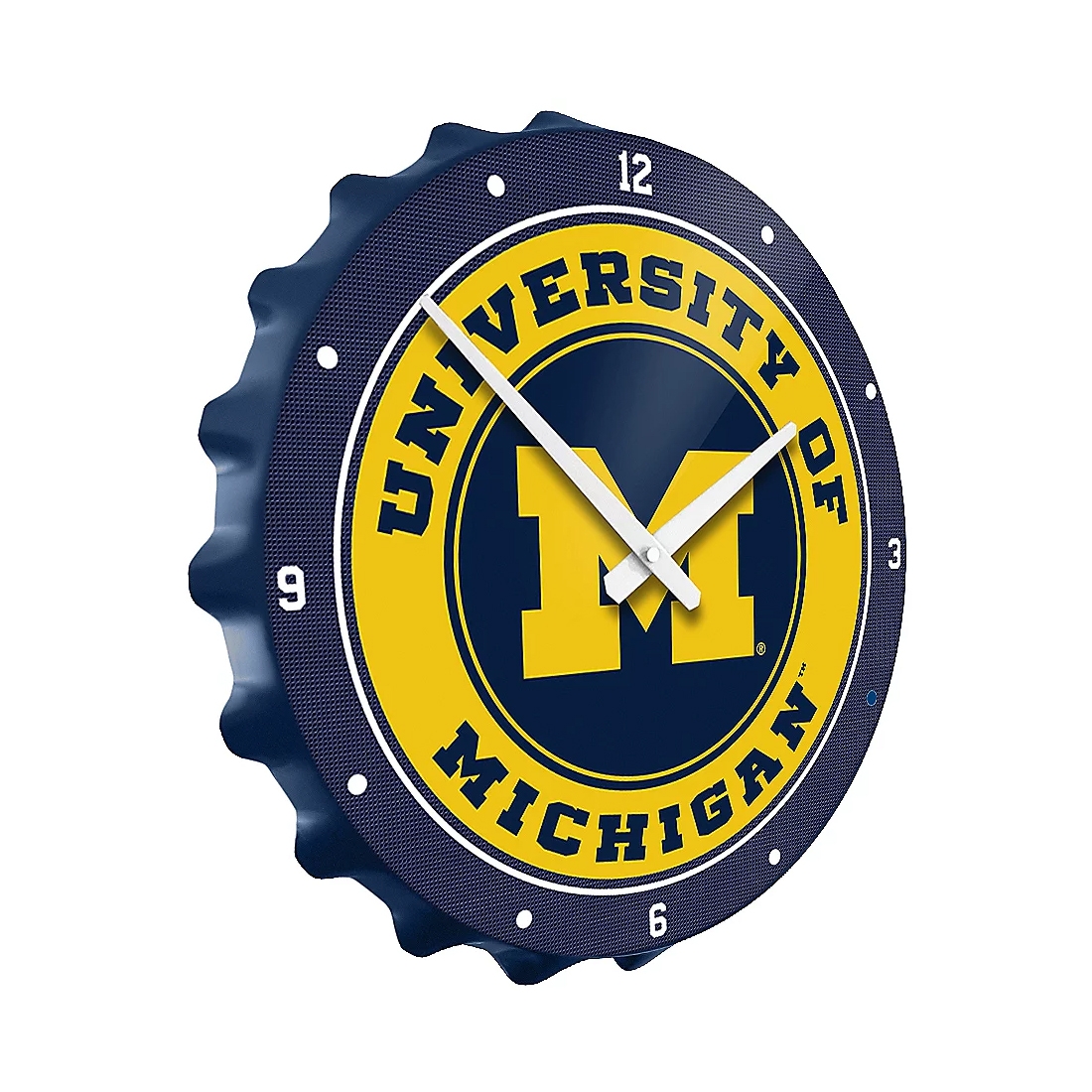 This is a bottle cap-shaped wall clock with the University of Michigan logo.