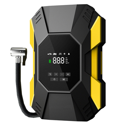 A portable tire inflator with a digital display, black and yellow design, and several buttons marked with \“S,\“ \“M,\“ and \“L\“ for settings. It features a hose with a metal nozzle for inflating various vehicle tires.