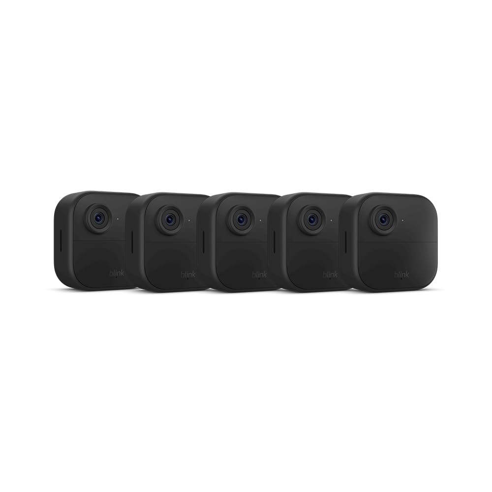 Five identical black compact security cameras aligned horizontally.