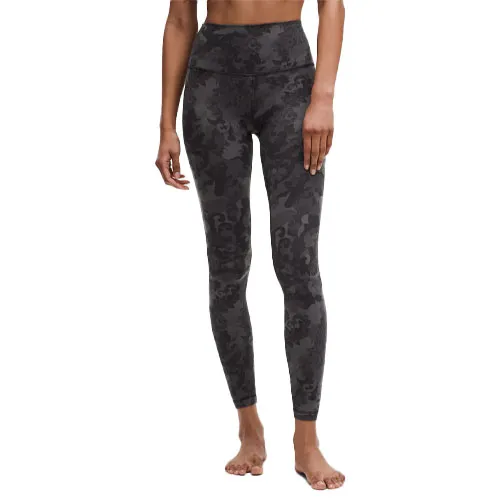 High-waisted, full-length leggings with a dark camouflage pattern, designed for a snug and comfortable fit.