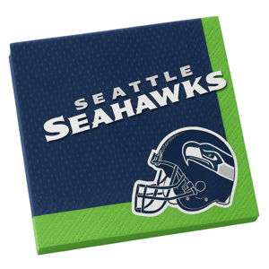 Seattle Seahawks-themed napkins featuring the team's name and logo design on a blue and green background.