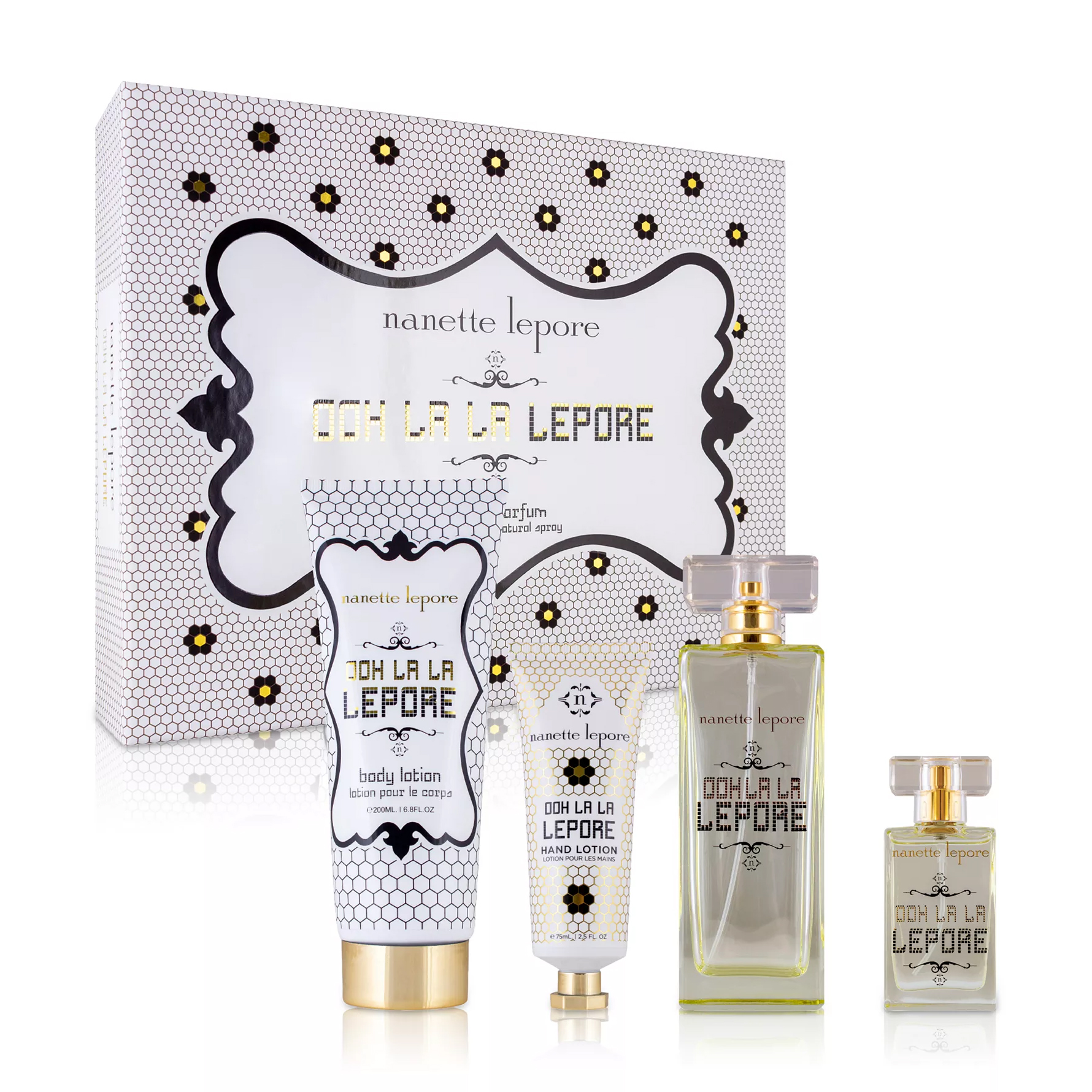Nanette Lepore gift set includes Ooh La La Lepore items: eau de parfum spray, body lotion, and hand lotion, featuring a decorative box.